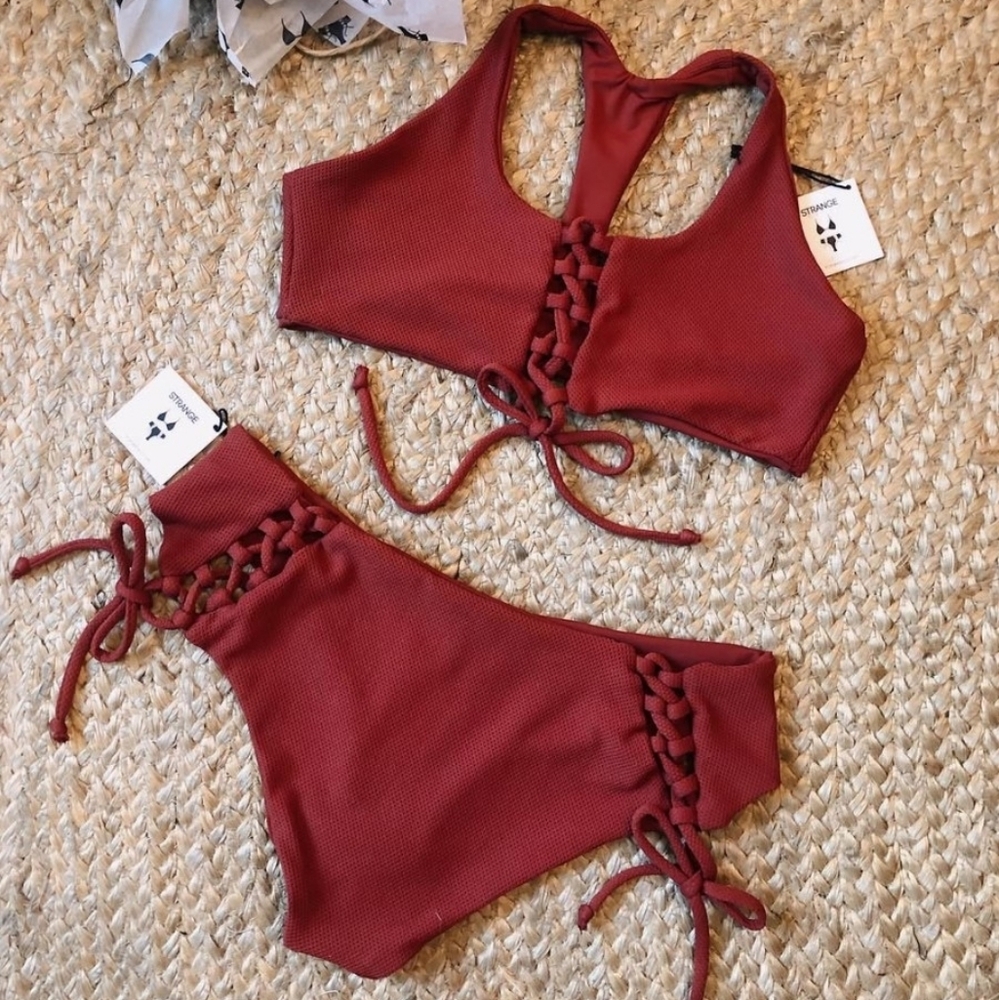 Strange Bikini Textured Lace-Up High-Waist Bikini Set in Brick Red
